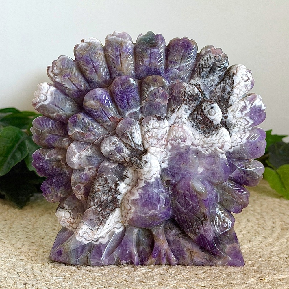 Dream Amethyst Peacock | 5" Hand Carved | Crystal Figurine Carving